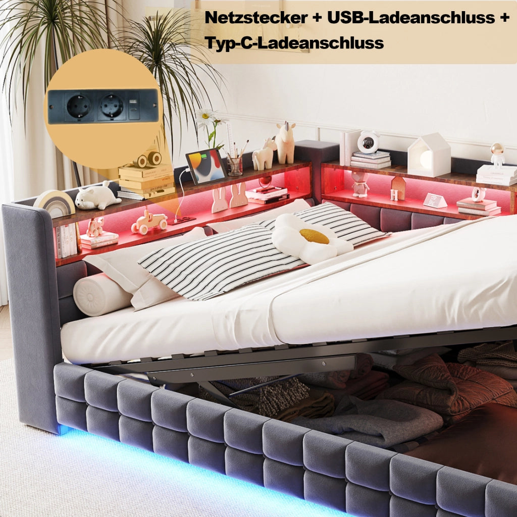Divano letto multifunzionale in velluto grigio scuro 140x200 vano ripiano LED USB