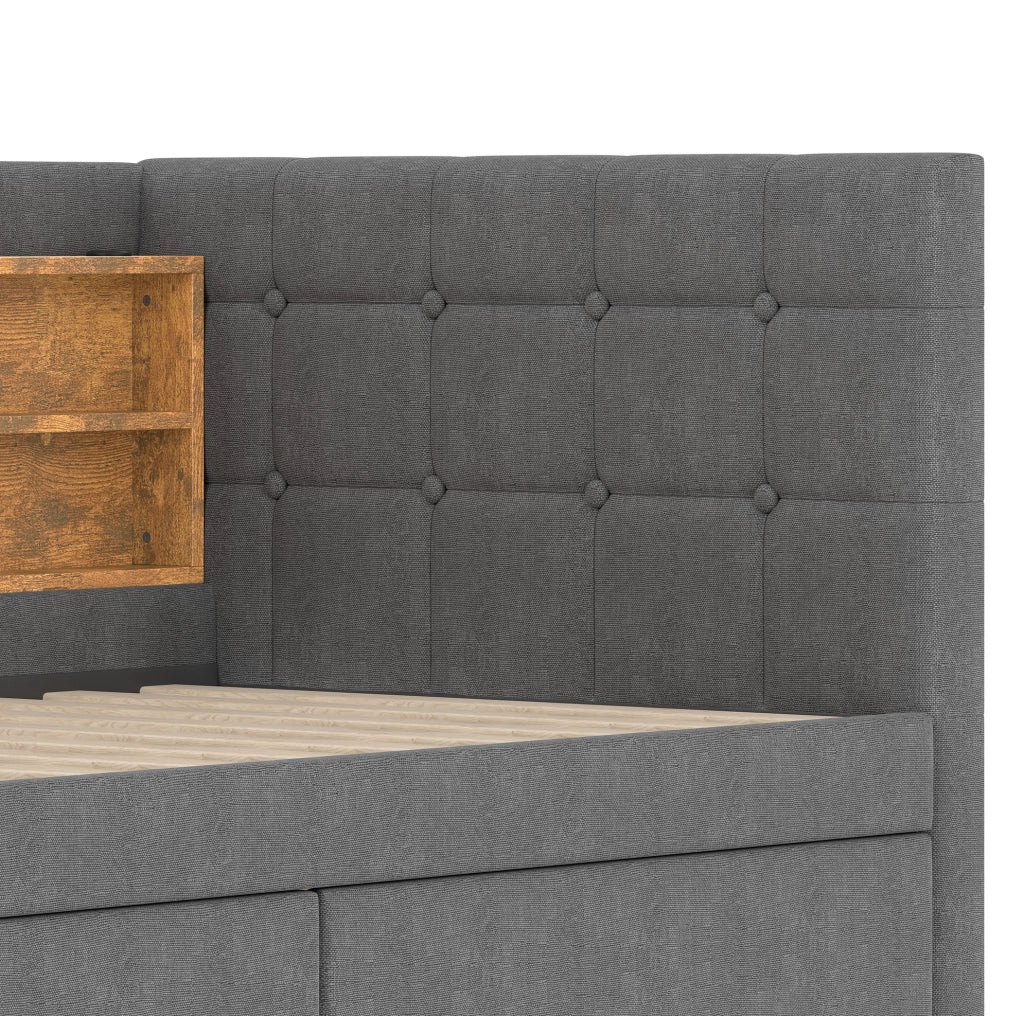 Letto 90x200 cm con 2 cassetti e USB; Type C in lino