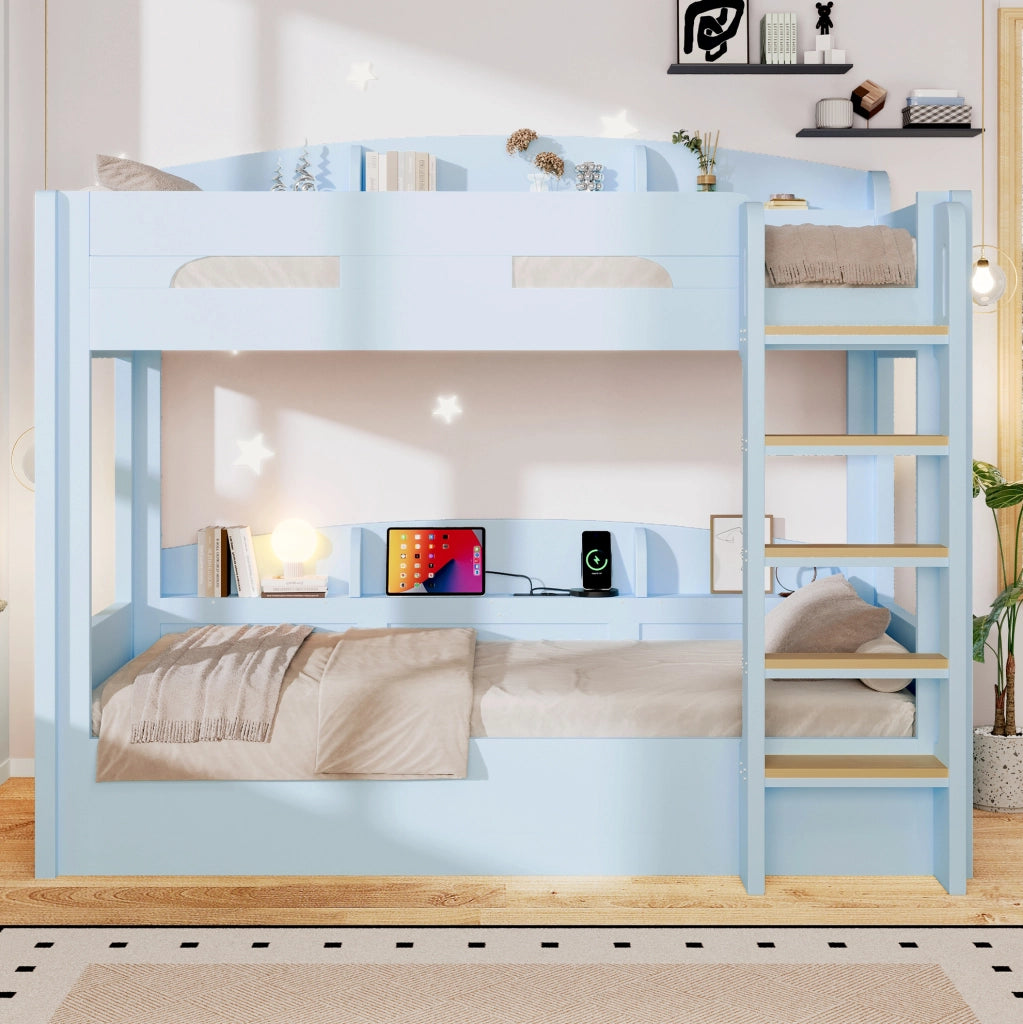 Letto a castello 90x200 cm con presa USB e ripiani azzurro HOMVRA