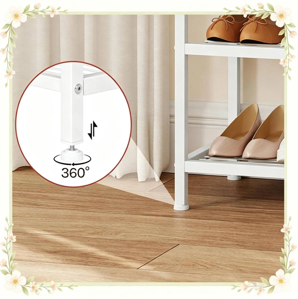 Appendiabiti con panca e scarpiera; 7 ganci doppi e 2 ripiani; 60 ¡Á 31;5 ¡Á 170 cm; bianco
