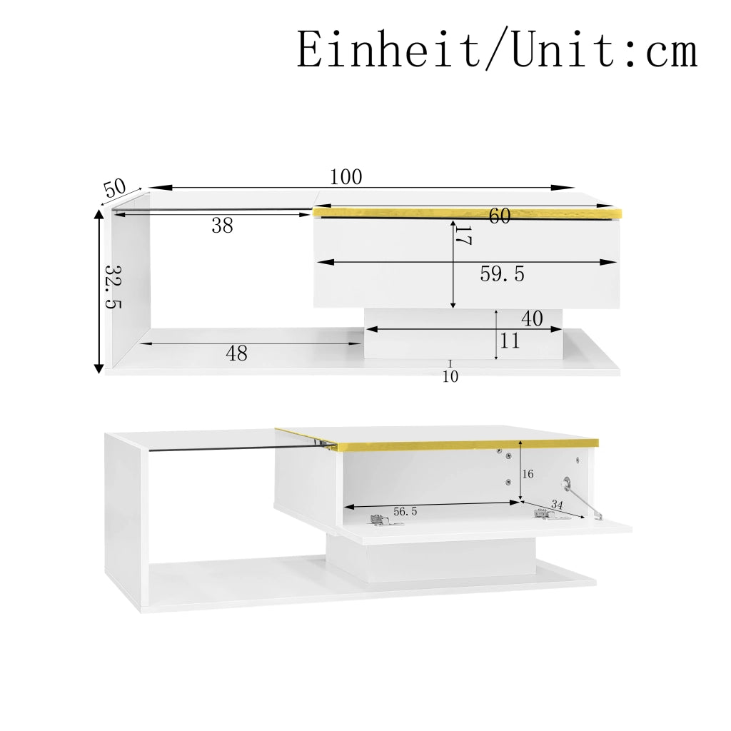 Tavolino basso fisso con vano contenitore e ripiani aperti vetro LED dimmerabile bianco 100 × 50 × 32.5 cm