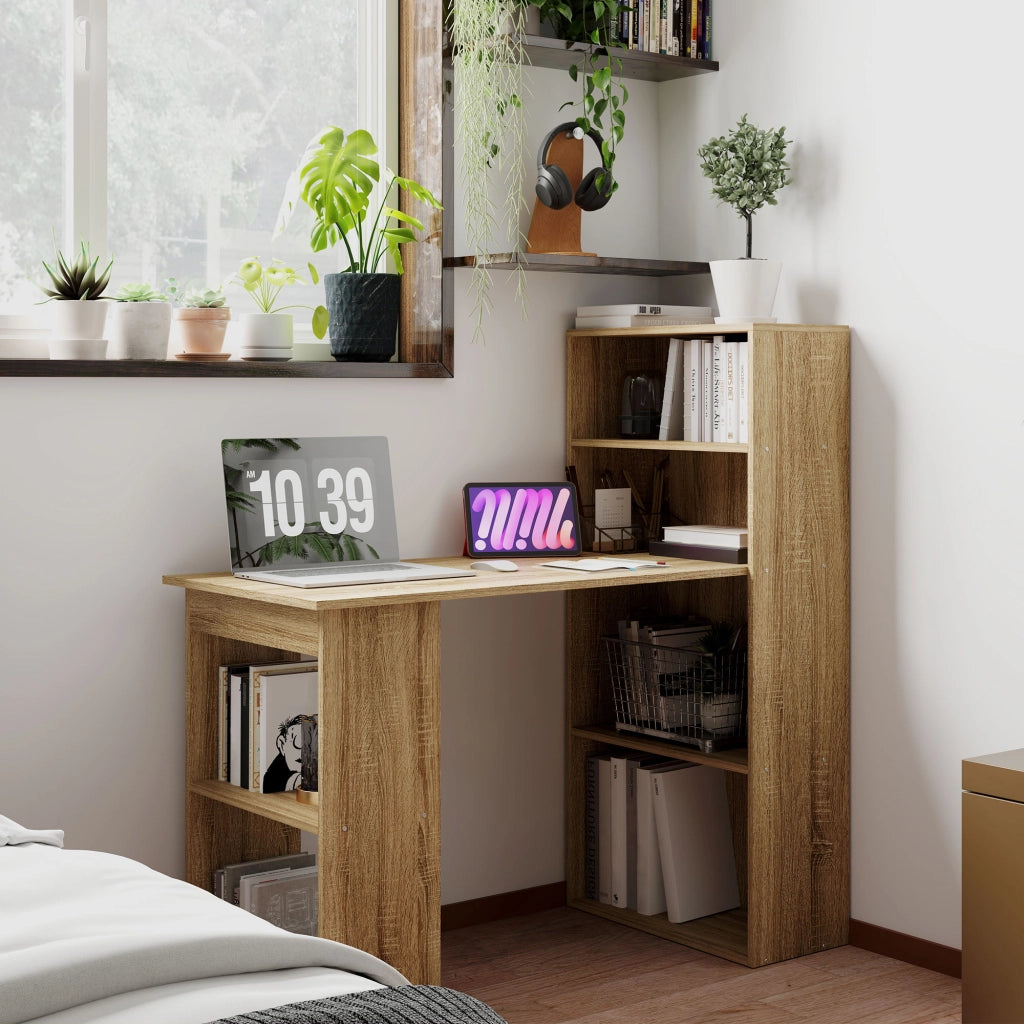 Scrivania angolare con libreria ¨C Xylo ¨C legno rovere, ripiani multipli per computer e stoccaggio