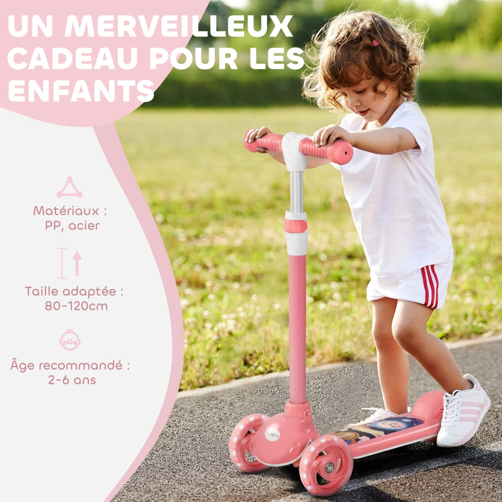 Monopattino per Bambini 3 Ruote con Luci LED Manubrio Regolabile e Freno Posteriore da 2 a 6 Anni Rosa