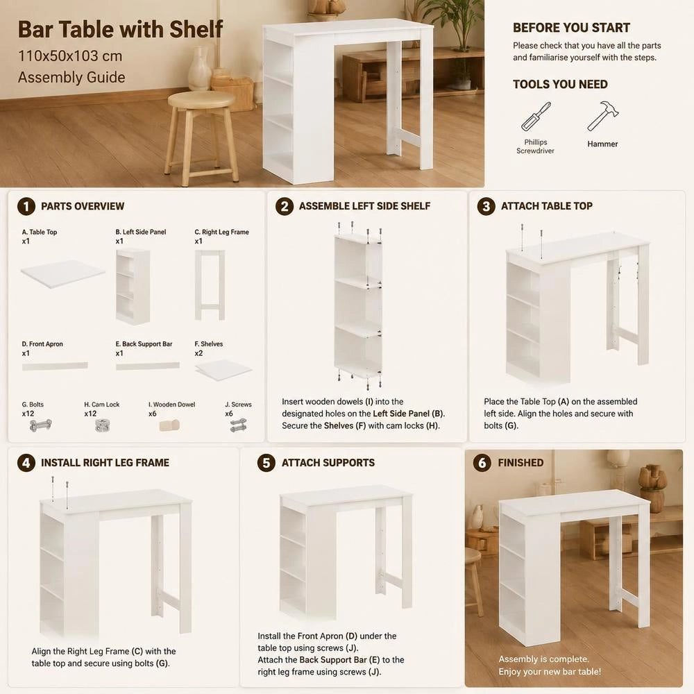Bar Table With Shelf, White, 110x50x103 Cm