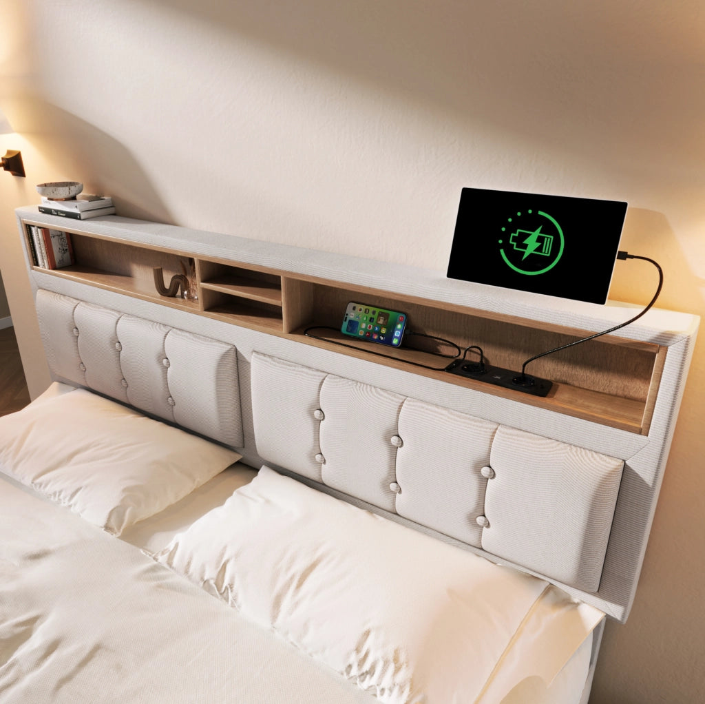 Letto imbottito beige 140 x 200 cm con 4 cassetti, prese USB e Tipo-C