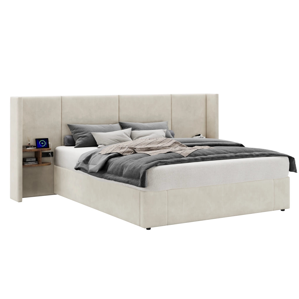 Letto contenitore 160x200 cm con USB-A; USB-C e prese; 2 comodini; rete a doghe in legno; velluto beige