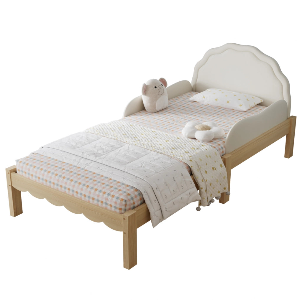 Letto singolo imbottito per bambini 90x200 cm con sponde laterali e testiera in PU beige HOMVRA