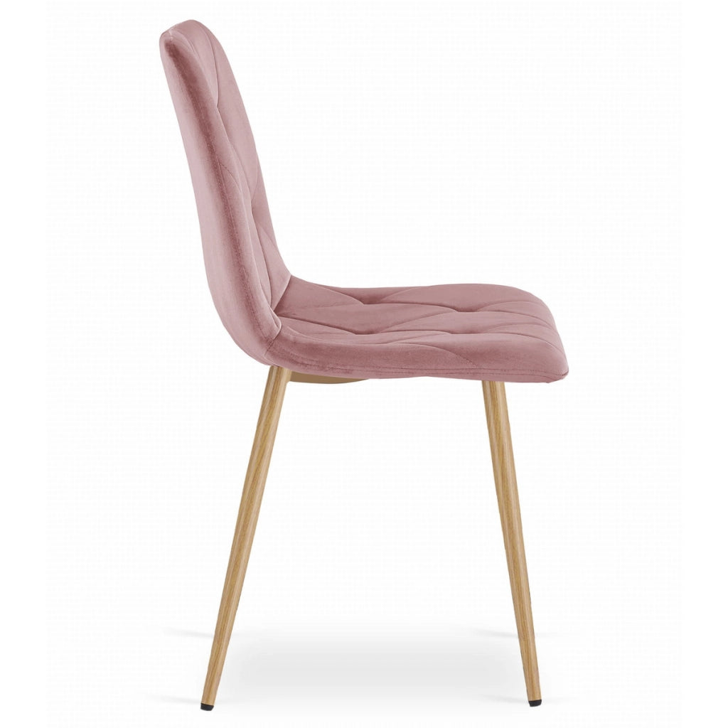 Sedia Libra in velluto rosa con gambe effetto legno