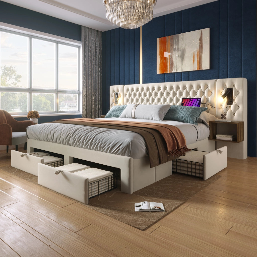 Set camera da letto completo, letto imbottito matrimoniale 160x200 cm con 2 comodini e 4 cassetti, velluto - Beige (senza materasso)