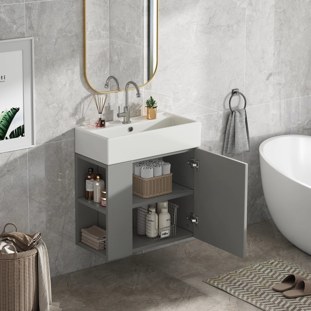 Mobiletto con lavabo in truciolato grigio e bianco con ripiani laterali e lavabo in ceramica 69 × 52 × 32 cm