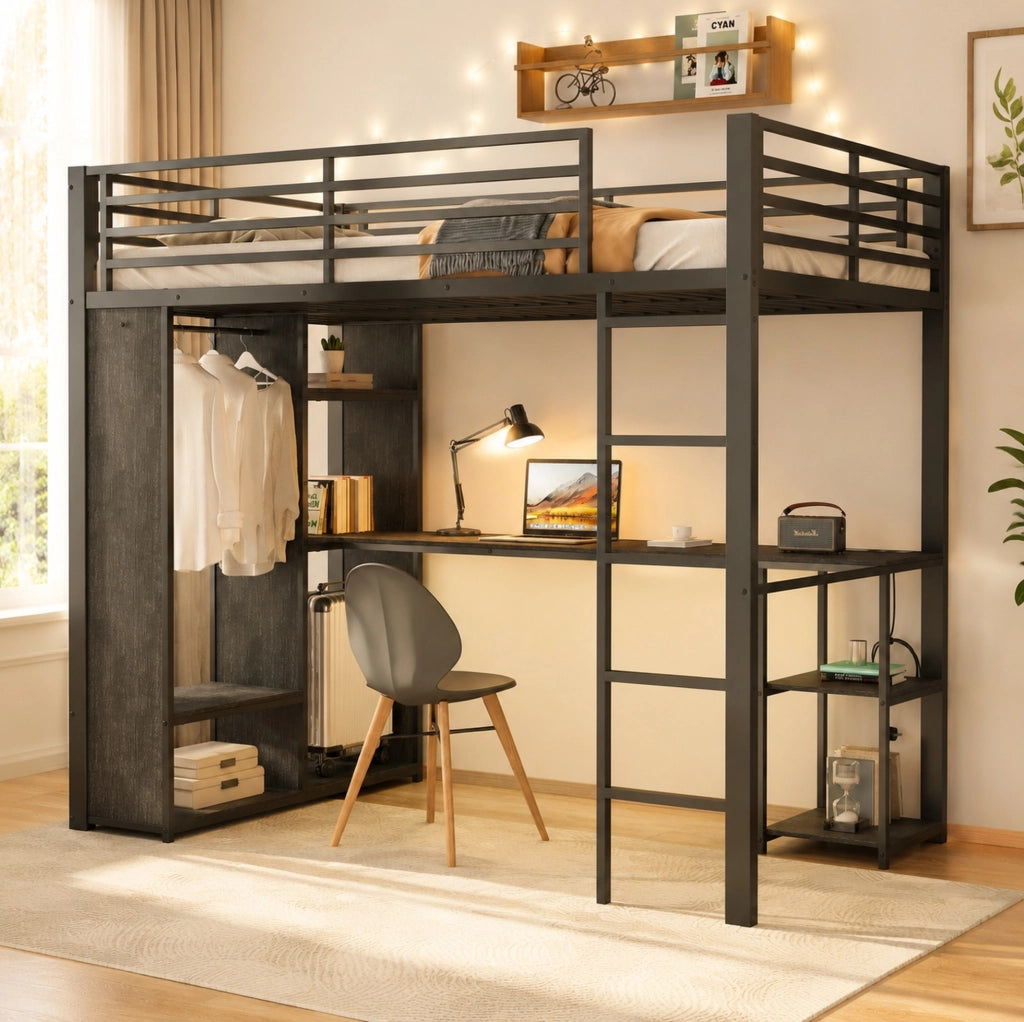 Letto a soppalco 90x200 cm nero con scrivania, LED e armadio aperto