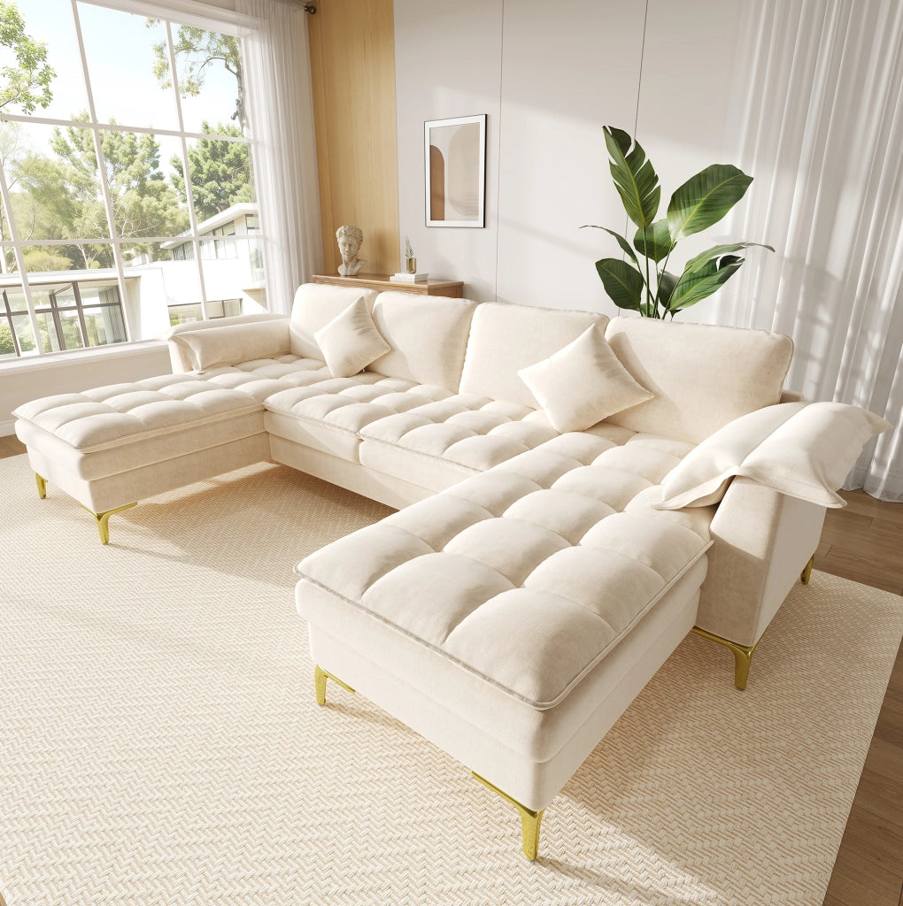 Divano angolare a U ULEVR 262x134x86 cm, 4-5 posti con 2 chaise longue e cuscini, rivestimento in ciniglia beige