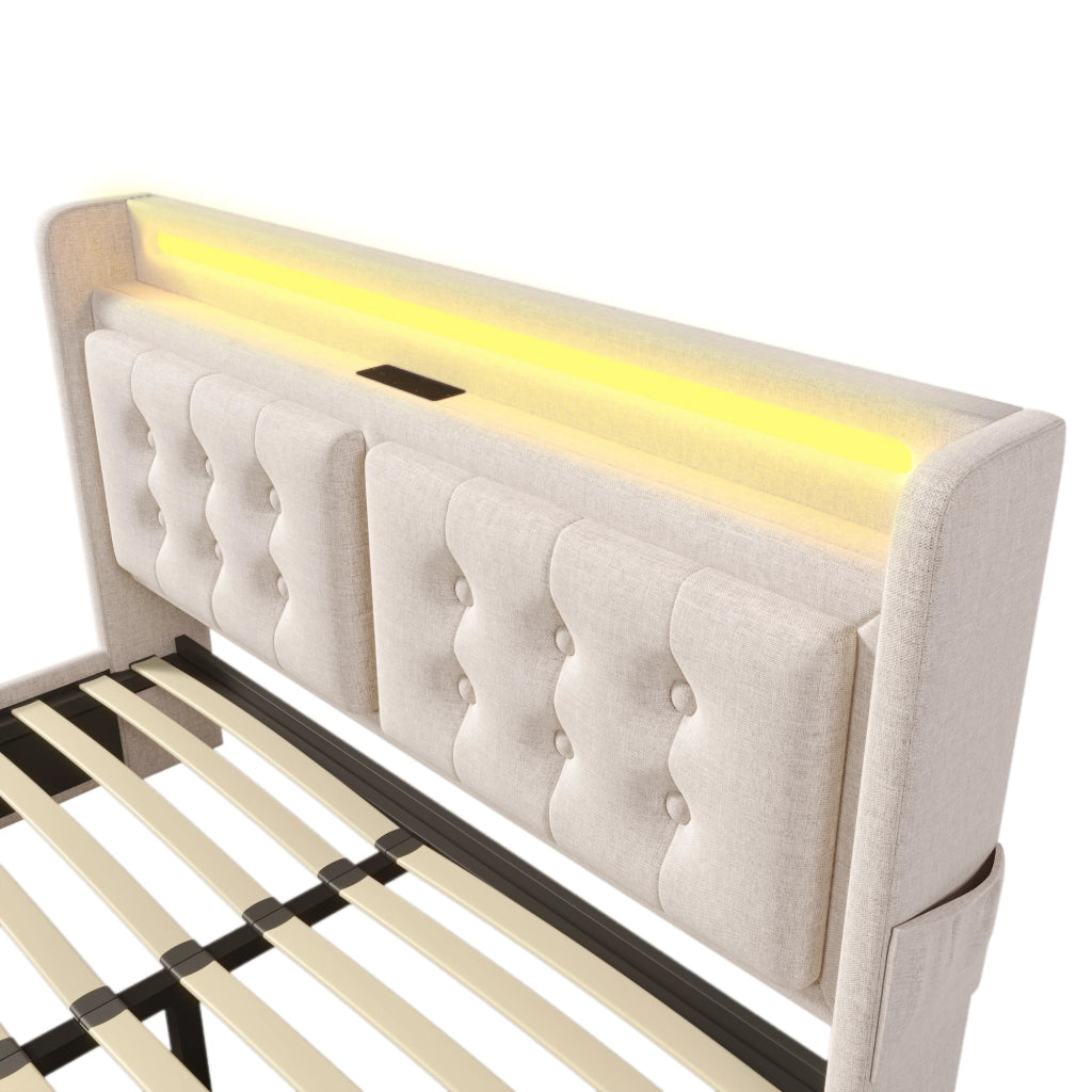 DESMIU Lit Coffre 140 × 200 cm 2 Posti con LED, USB, Type-C e 4 Cassetti, Materasso Incluso, Beige