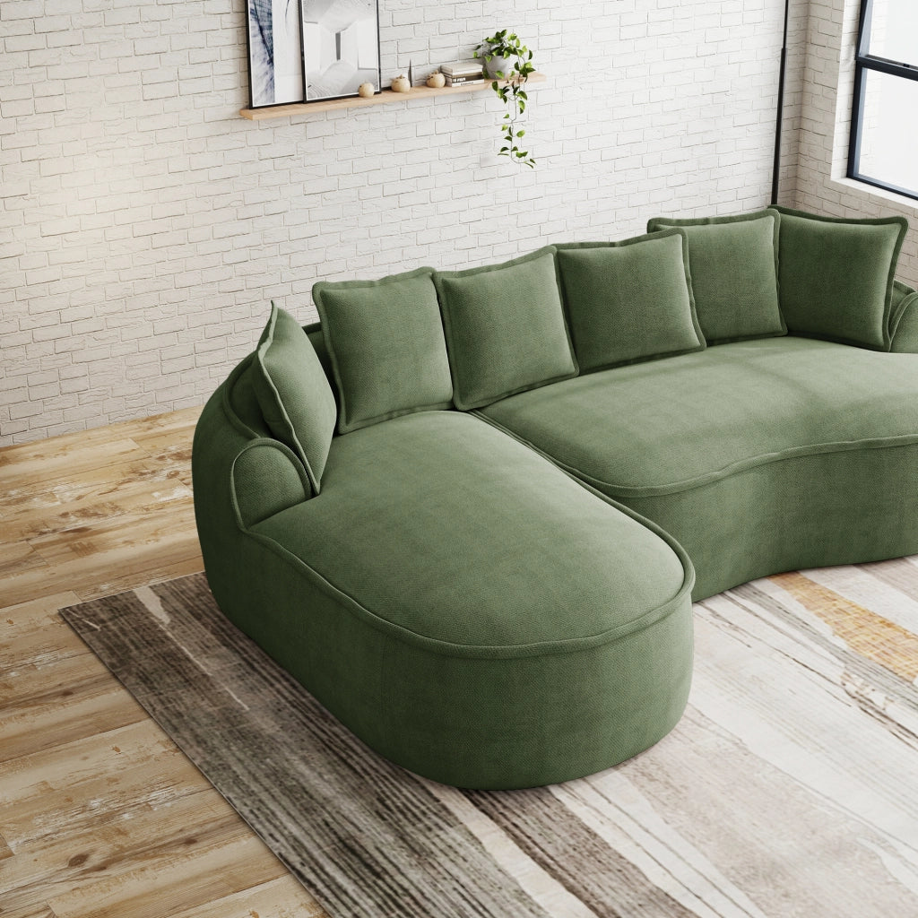 Divano modulare doppio verde in tessuto chenille, design senza telaio con chaise longue extra profonda e cuscini inclusi