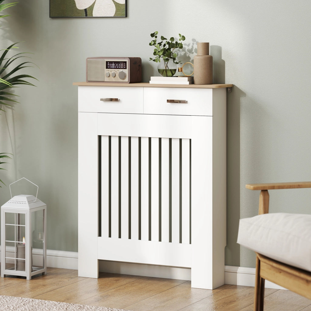 Copritermosifone a Doghe 78x19x97 cm Antiribaltamento con Cassetto in Legno Bianco
