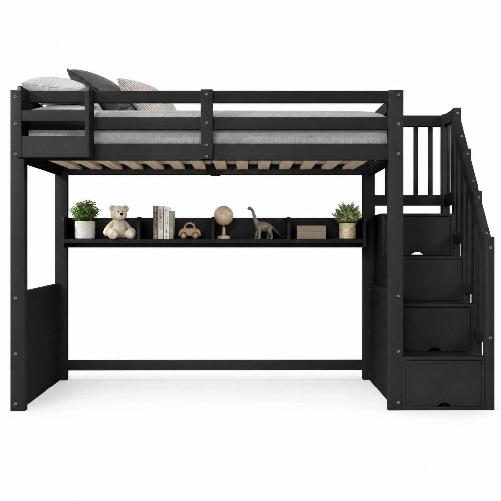 LETTO A SOPPALCO 90x200 cm Nero con Scala Contenitore e LED