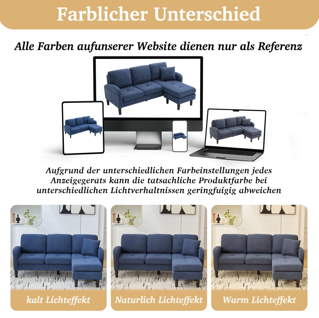 Divano angolare modulare blu, 3 posti, con chaise longue