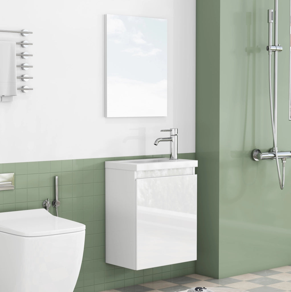 Mobile bagno sospeso 40 cm bianco lucido con lavabo in ceramica e specchio, design senza maniglie con cerniere ammortizzate, preassemblato