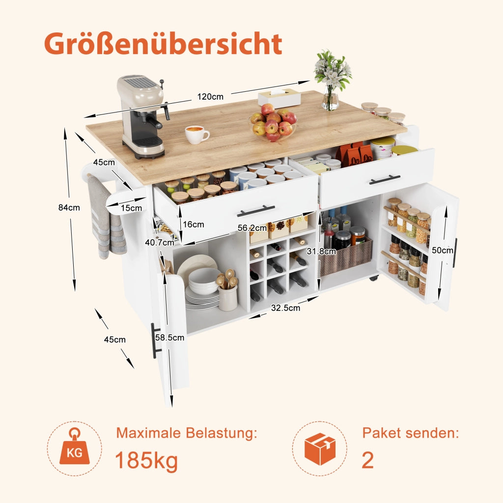 Mobile base da cucina con piano pieghevole; ruote; 2 cassetti e portabottiglie bianco 120 × 45 × 84 cm