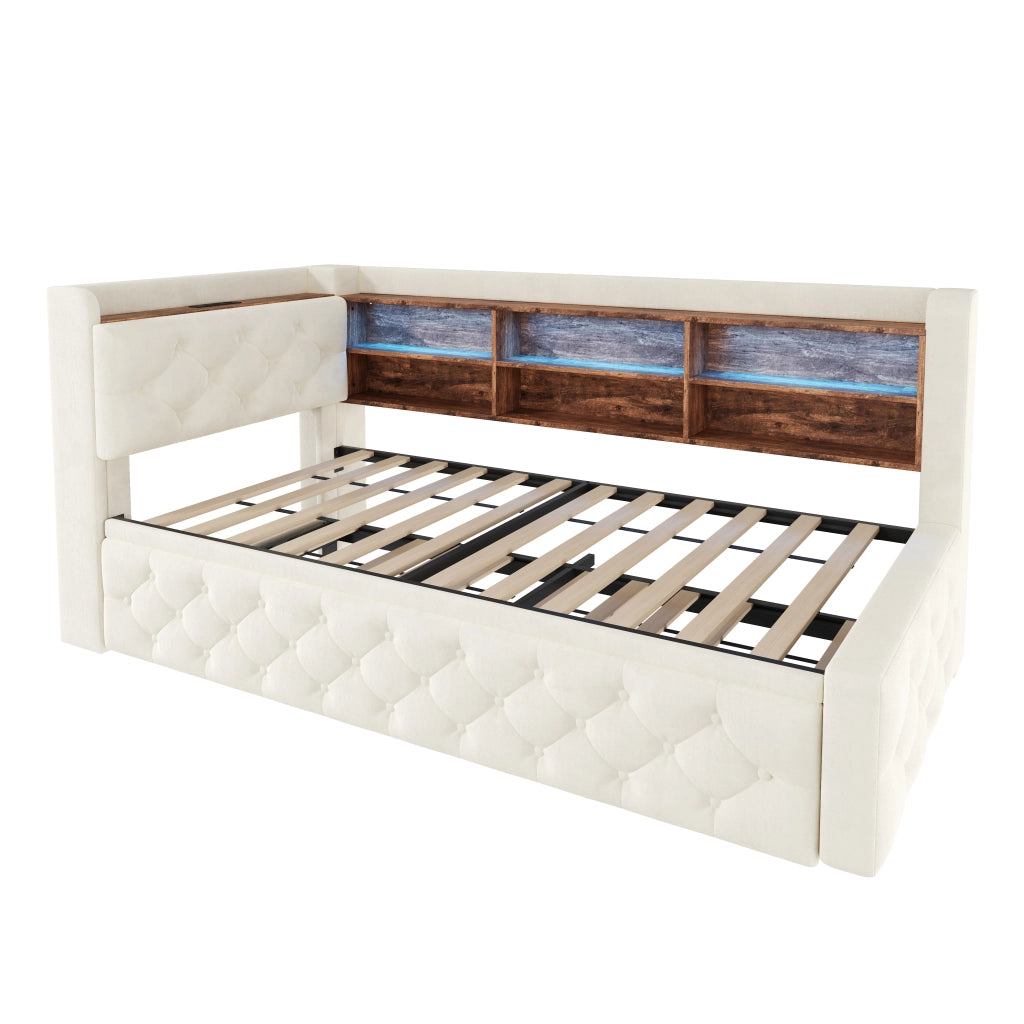 Divano letto estraibile 90x190 cm con LED; USB e Type-C; bracciolo contenitore; velluto beige