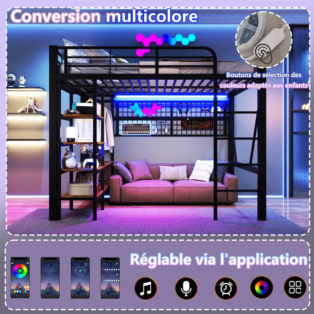 Letto a soppalco 140 × 200 cm con luci LED app ripiano rete appendiabiti metallo MDF nero senza materasso