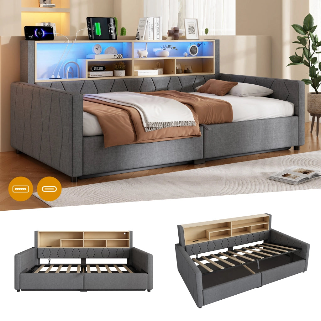 Divano Letto 90x200 cm in Lino con Contenitore Idraulico; USB-C; Presa; LED; Grigio