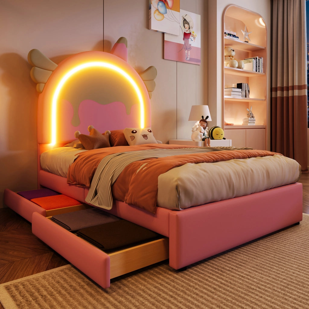 Letto imbottito rosa 90x200 cm con 2 cassetti e luce LED, forma unicorno