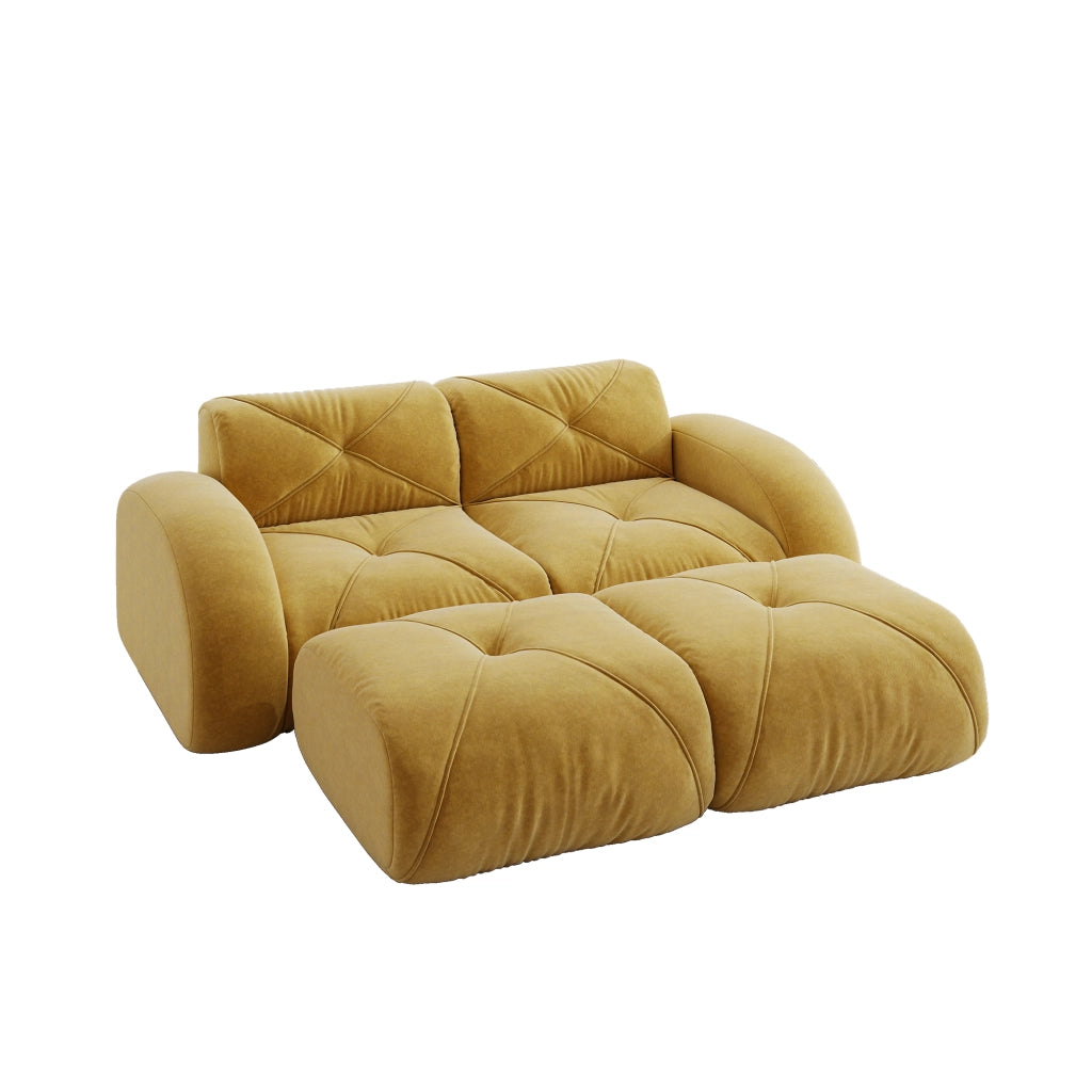 Divano modulare 2 posti con 2 pouf; senza struttura; per soggiorno; in chenille gialla
