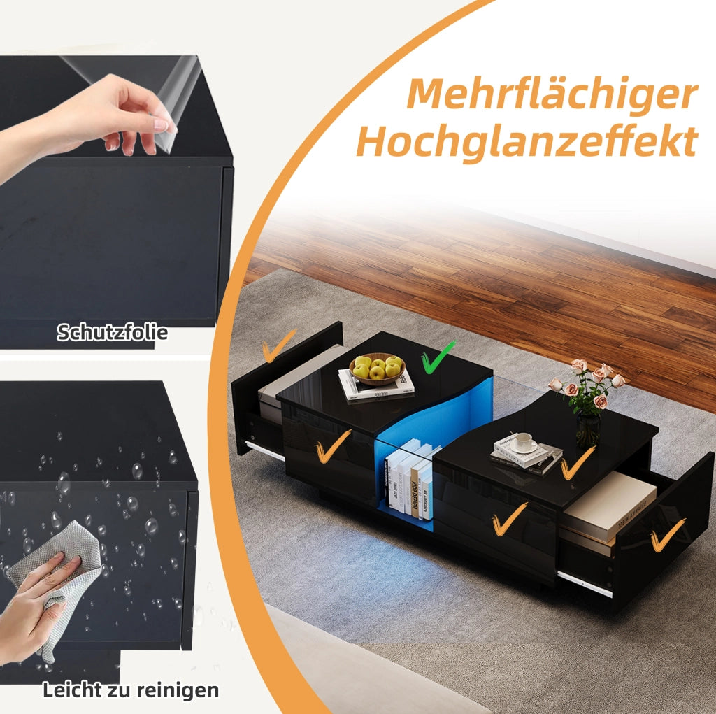 Tavolino da caffè LED 100x50x35 cm con 2 cassetti in MDF e acrilico; nero lucido