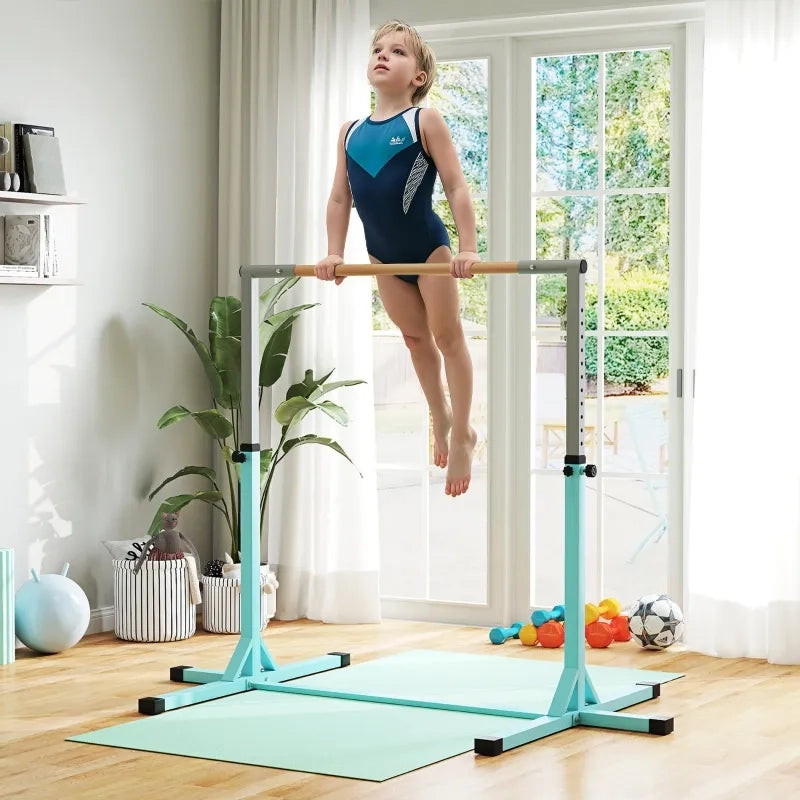 Sbarra per ginnastica in acciaio e legno di faggio, blu chiaro, regolabile in 13 altezze, portata max 75 kg