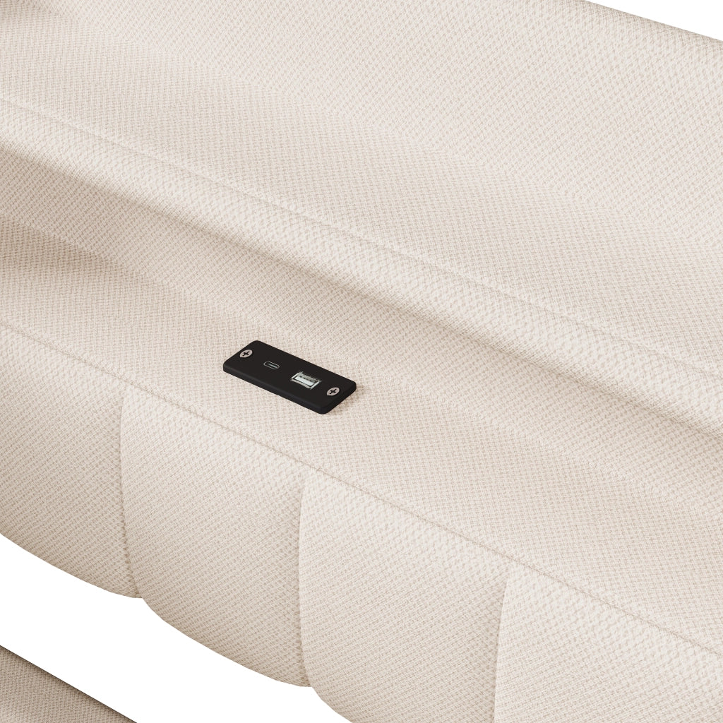 Letto divano contenitore 140x200 cm in lino beige con apertura idraulica; LED; USB e USB-C