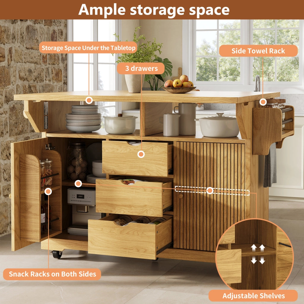 Carrello da cucina con piani laterali pieghevoli 3 cassetti ripiani regolabili in MDF con ruote bloccabili marrone
