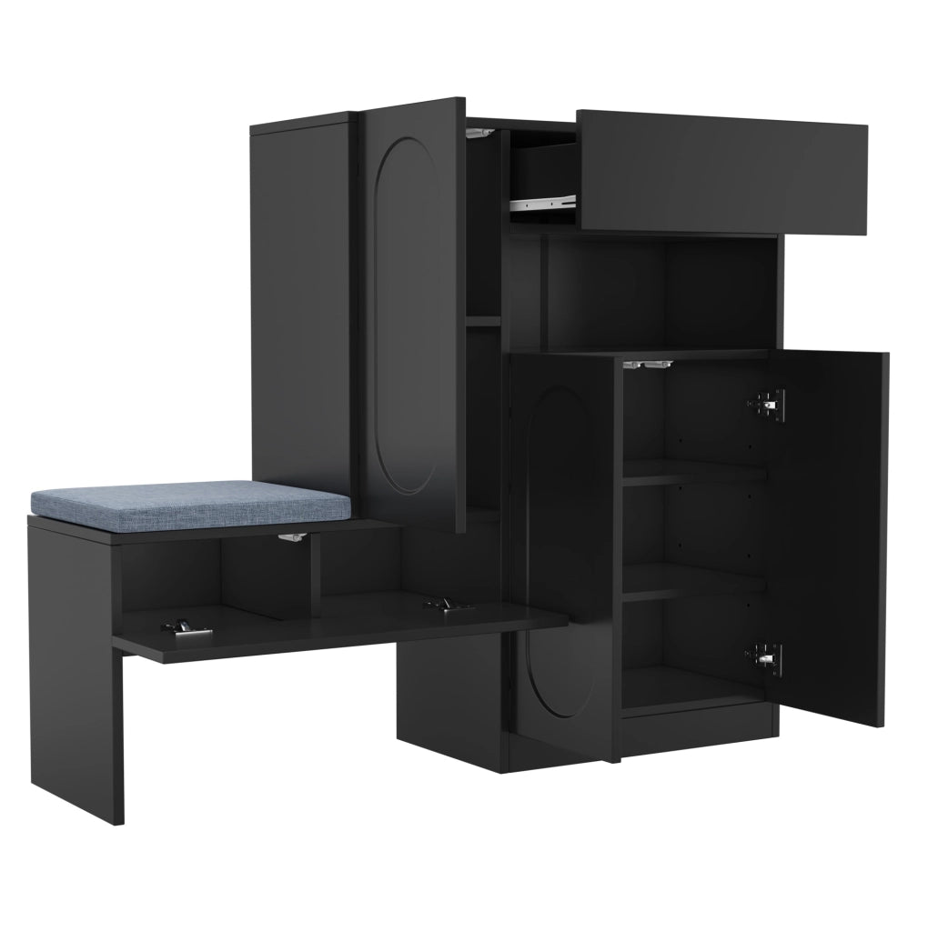 Scarpiera 2-in-1 con seduta imbottita, ante curve soft-close, ripiani regolabili, nero, 130×35×110 cm