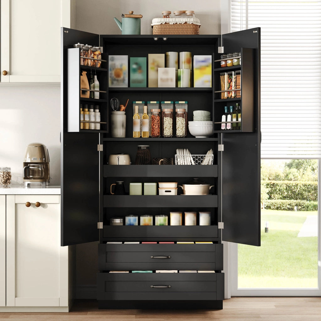 Hochschrank mit 3 Ausziehböden, 2 Schubladen und Doppeltür aus MDF, 180x80x37,5 cm für Küche und Esszimmer