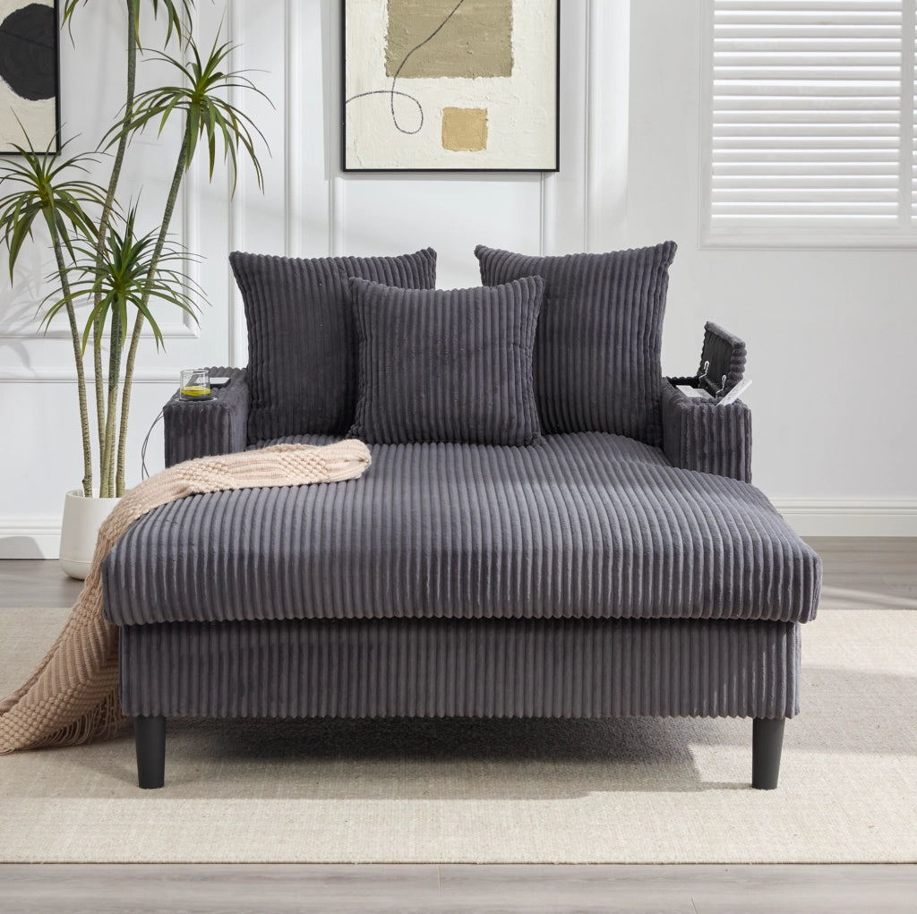 Chaise longue multifunzionale in velluto a coste con grande superficie reclinabile, porta bevande su entrambi i lati, illuminazione LED, tasca laterale, spazio contenitivo e porta USB, gambe in plastica resistenti