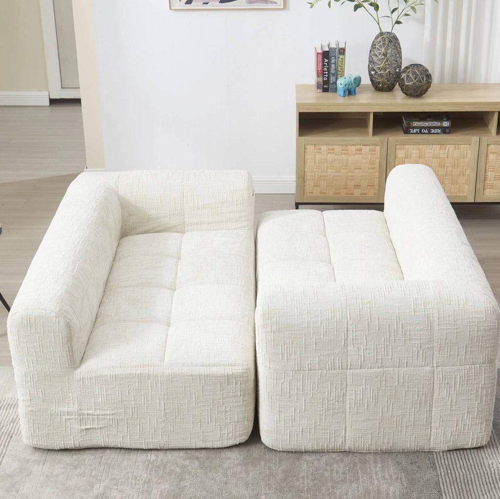 Divano 2 posti beige con chaise lounge, tessuto chenille, cuscino incluso e tasche laterali