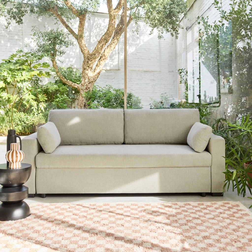 Divano letto in tessuto ciniglia, 3 posti, beige