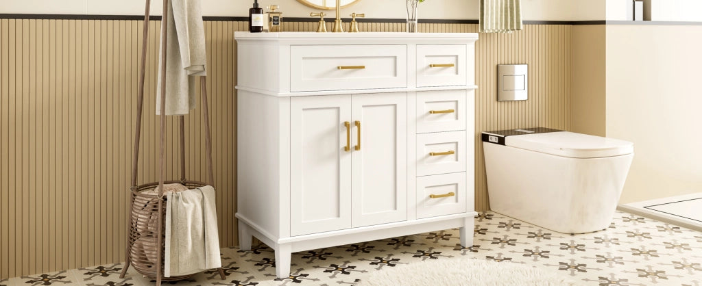 Mobile bagno bianco laccato 90x46x87 cm con lavabo in ceramica, doppia anta, 5 cassetti con ammortizzatori silenziosi e piedini in legno massello