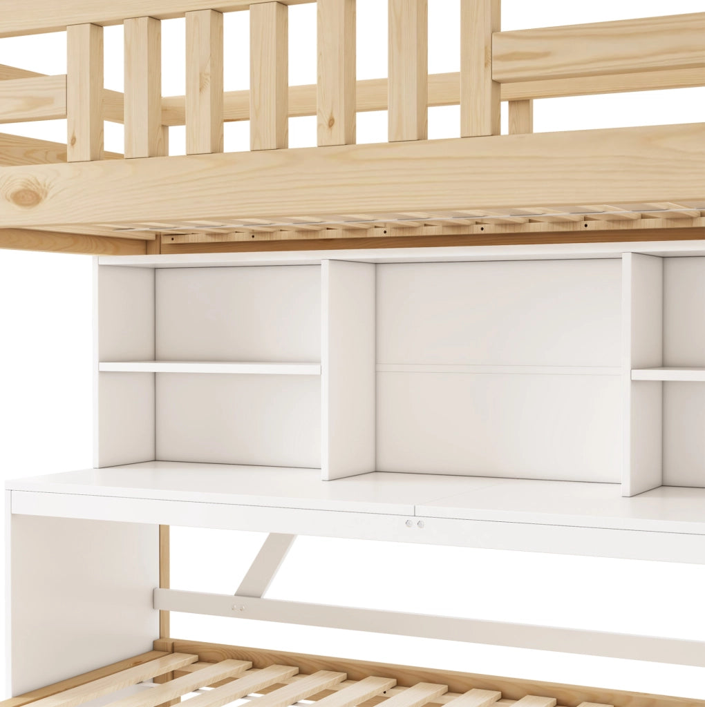 Letto a castello 90x200/90x190 cm con scrivania e letto estraibile in pino, compensato e MDF