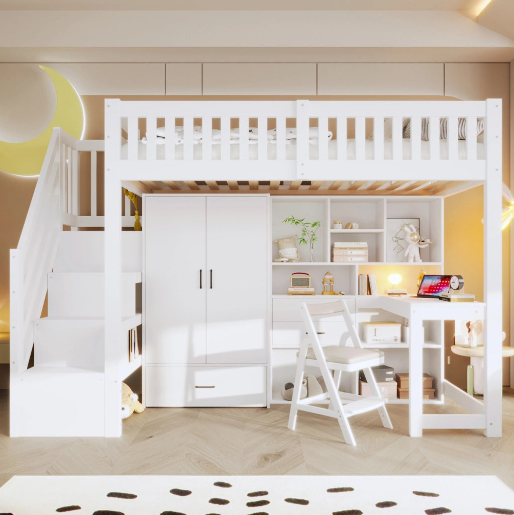 Letto a soppalco 90x200 cm con scrivania, armadio, cassetti e scaletta con contenitori, bianco, senza materasso