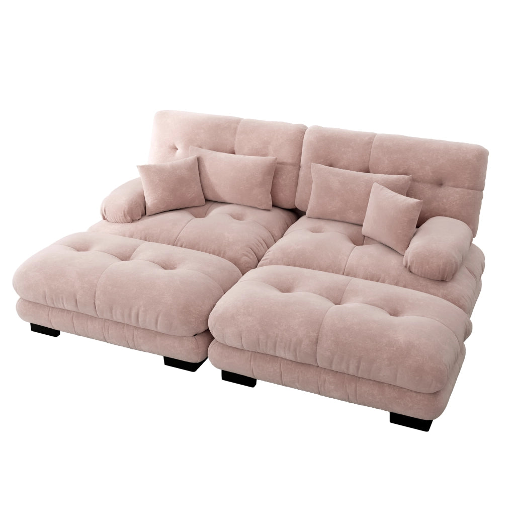 Divano modulare in ciniglia rosa con pouf mobili