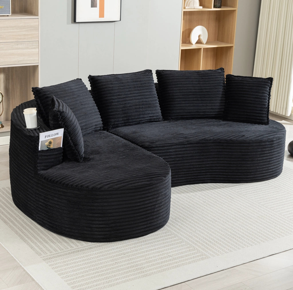 Divano curvo in velluto a coste nero 250x152x82 cm con portabicchieri; tasca laterale e cuscino