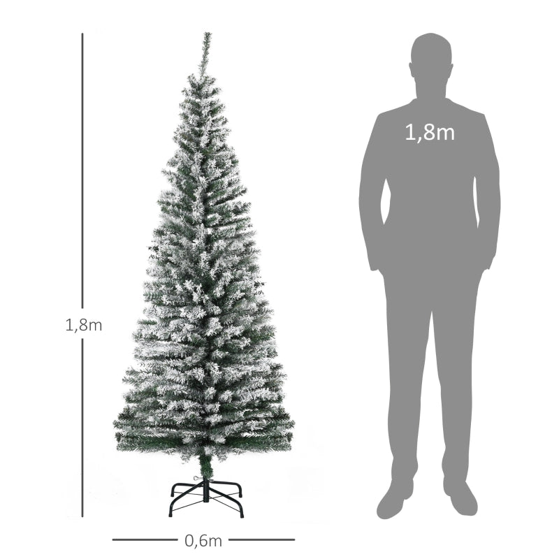 Albero di Natale artificiale innevato slim con base in metallo rami folti in plastica verde a montaggio segmentato