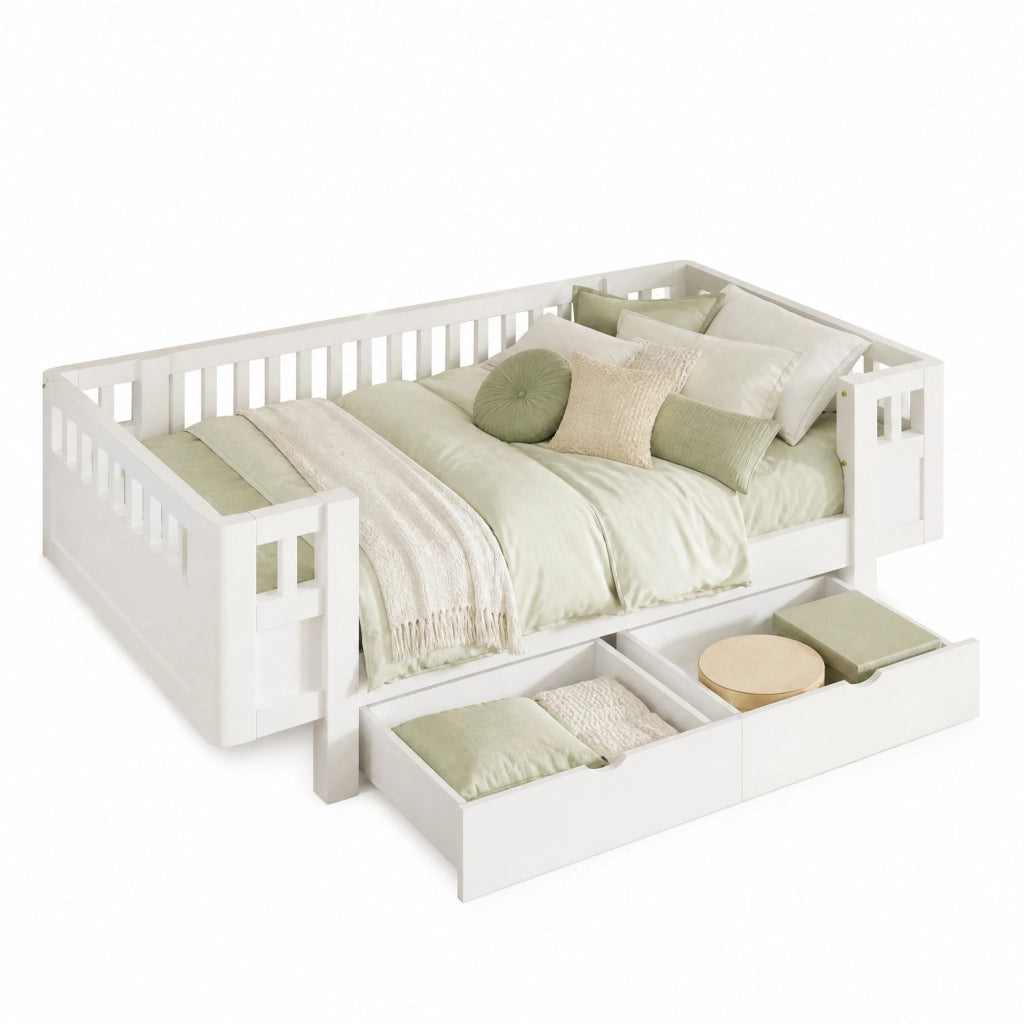 Letto per bambini 90 × 200 cm con barriera alta e 2 cassetti estraibili, senza materasso, in legno massello e MDF bianco