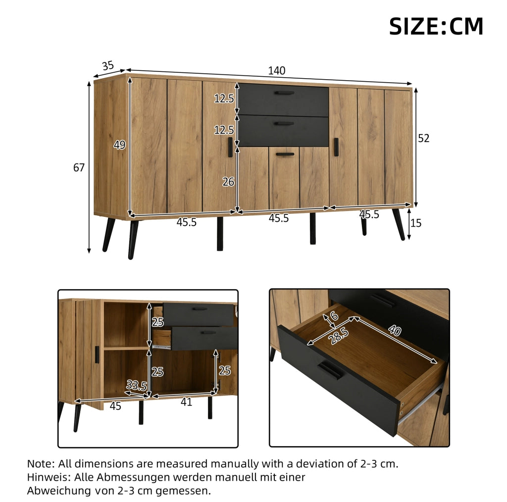Mobile contenitore in MDF nero e legno con 2 cassetti e 3 ante, 140x35x67 cm
