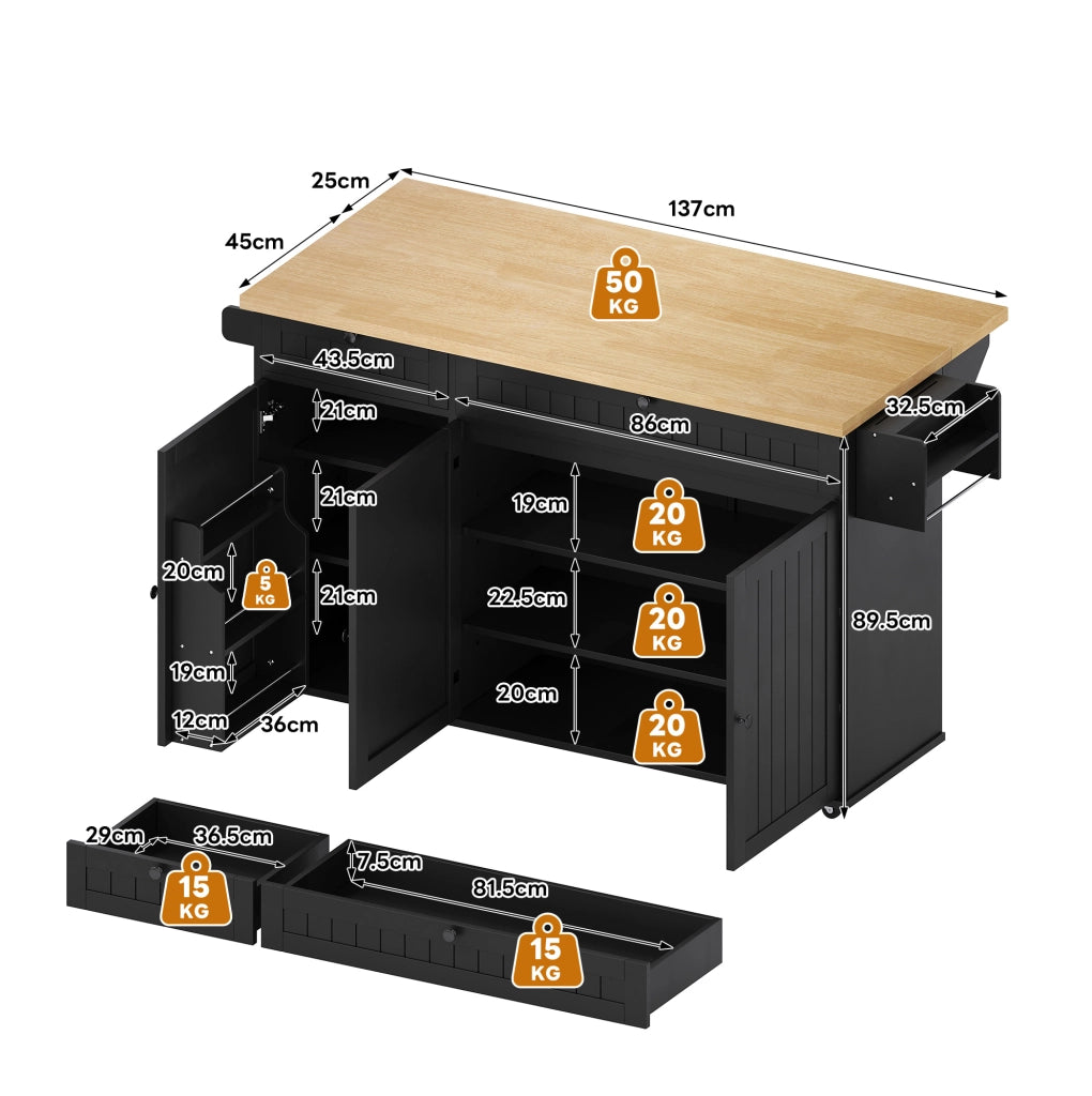 Isola da cucina mobile 137x70x89;5 cm con piano pieghevole in MDF nero e naturale