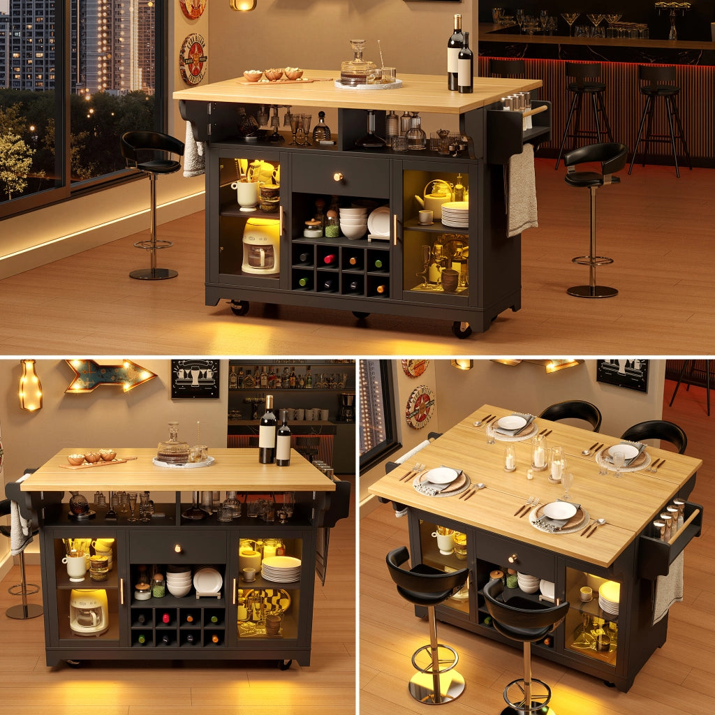 Carrello da cucina con ripiani regolabili, portabottiglie e piani pieghevoli, LED RGB, nero, 120 × 80 × 95 cm