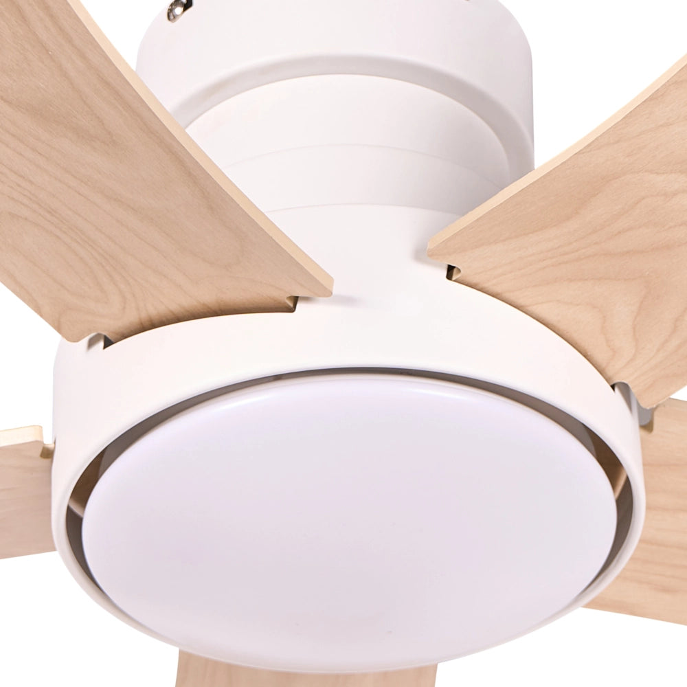 Ventilatore da soffitto con luce a LED, base in ferro, pale in compensato, telecomando e timer, beige chiaro