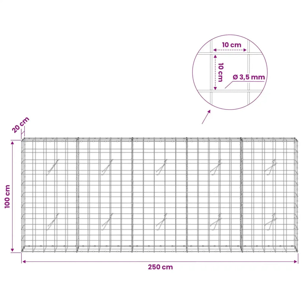 Gabione con Filo da 3,5 mm e Rete da 10x10 cm 250x20x100 cm 3463103