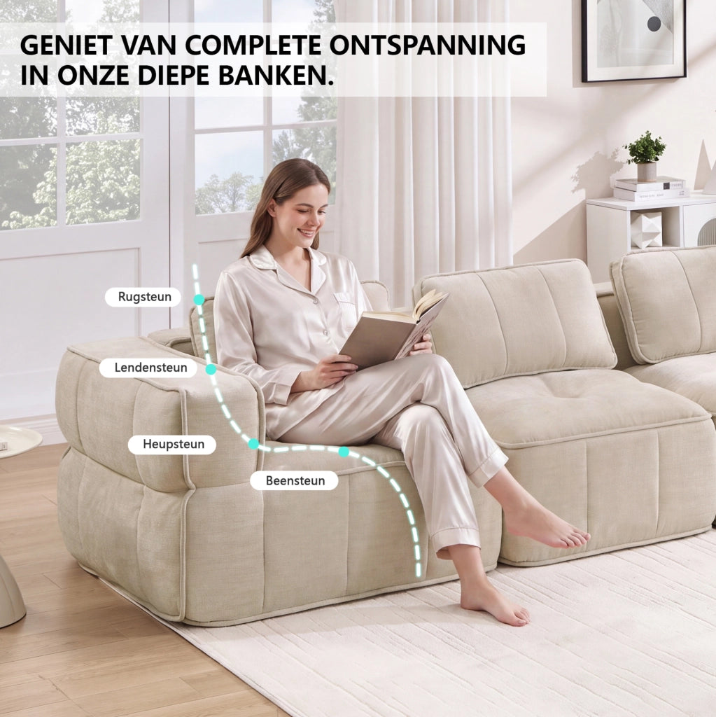 Divano modulare a L, 2 posti senza telaio con pouf beige in tessuto poliestere resistente, 198x162x67 cm